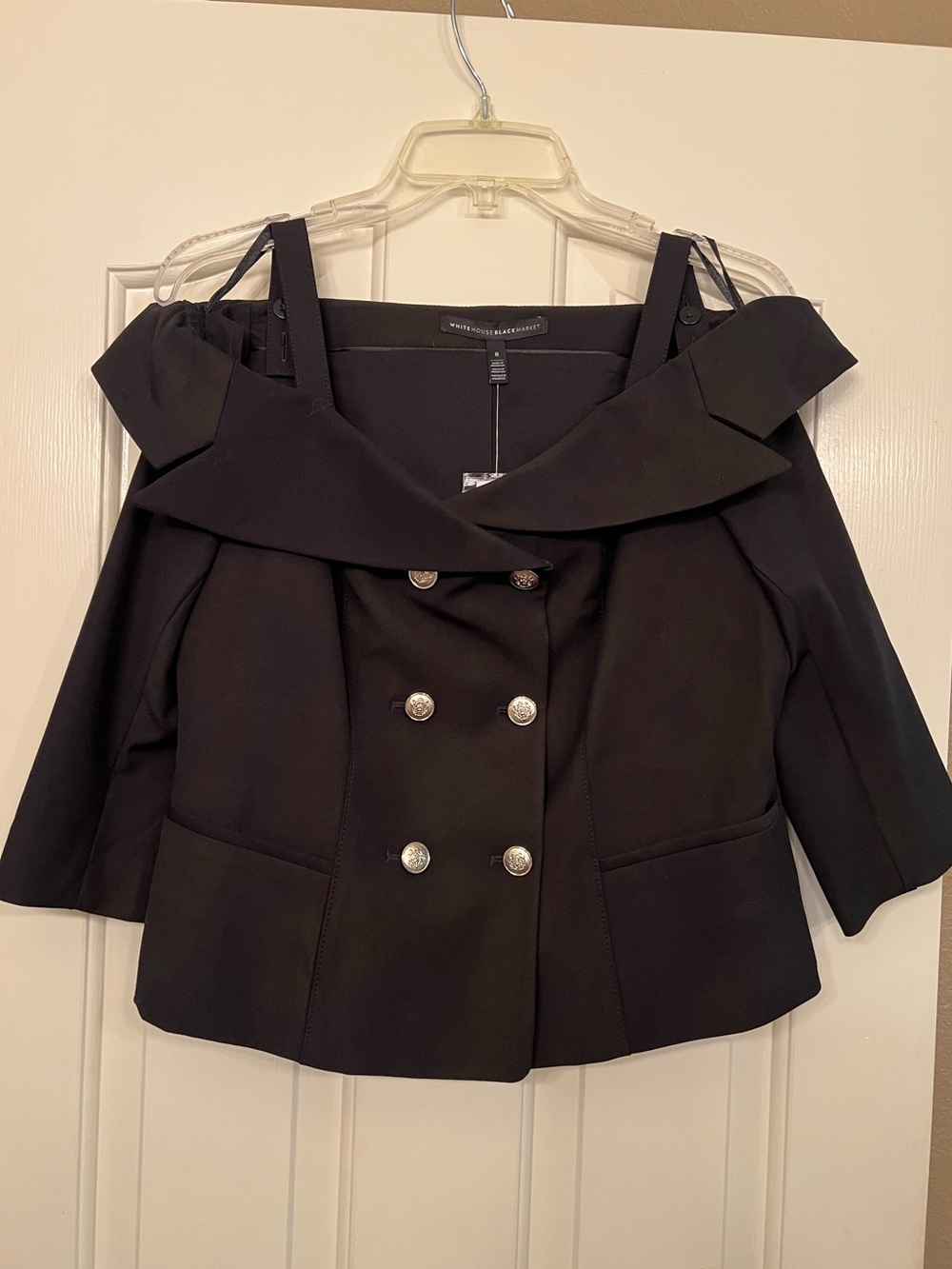 White House Black Market Off-Shoulder Double-Breasted Cropped Blazer - Black